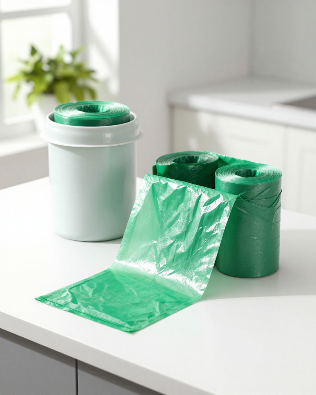 Composteerbare afvalzakken van biologisch afbreekbaar materiaal voor een duurzame afvalscheiding.