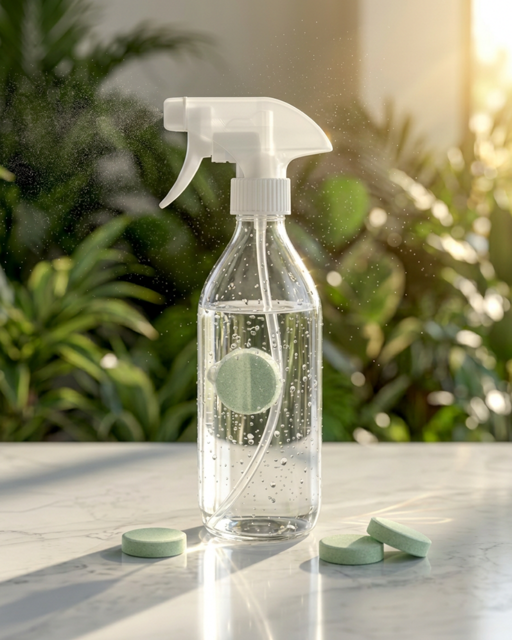Herbruikbare schoonmaakspray fles met oplosbare reinigingstabletten voor keuken en badkamer.