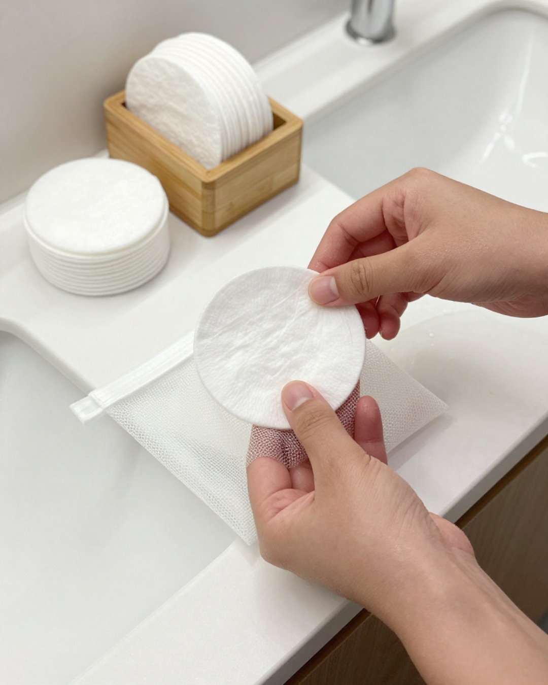 Herbruikbare gezichtsreinigingspads met wasnetje als milieuvriendelijk alternatief voor katoenen pads.