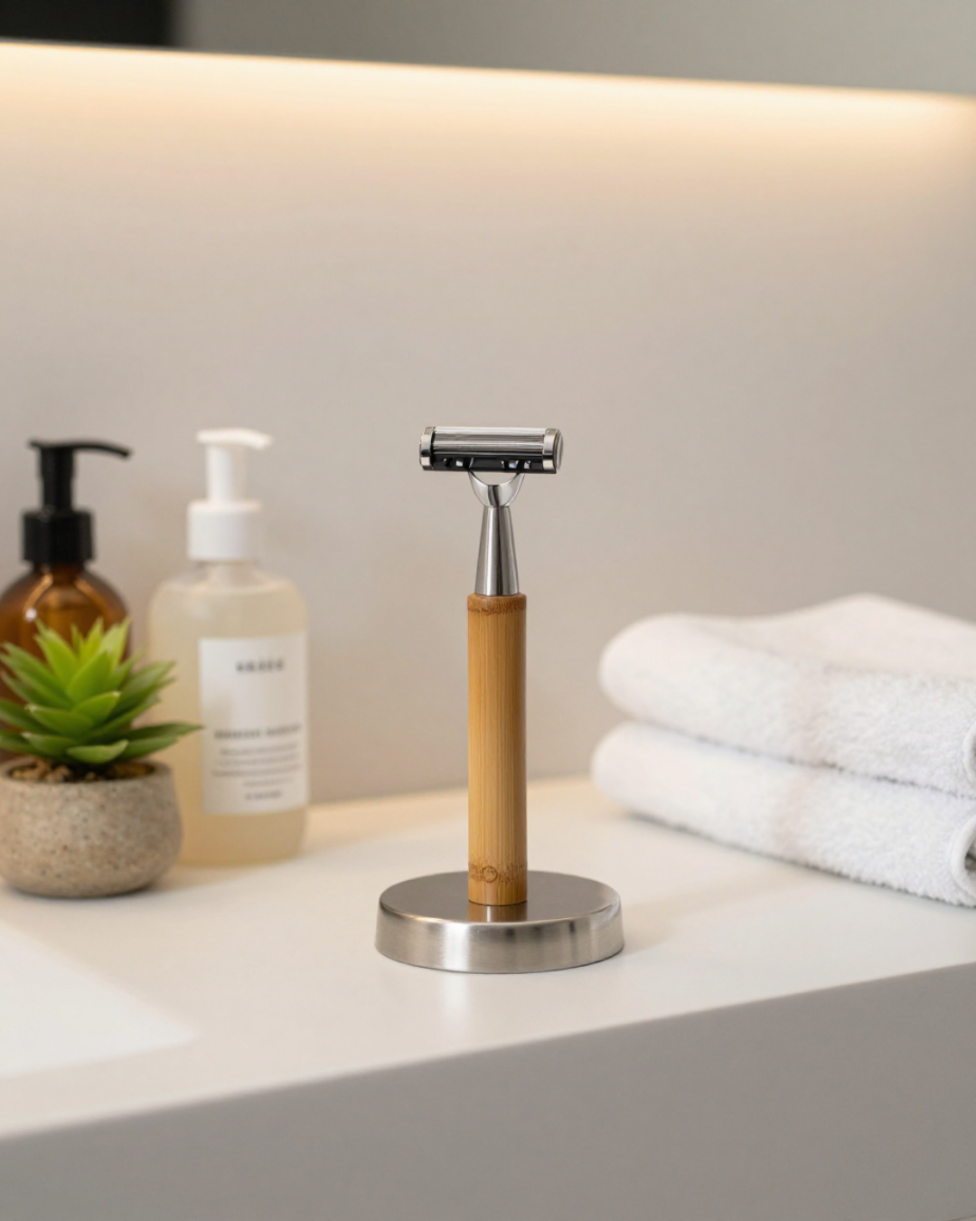 Duurzaam veiligheidsscheermes van bamboe voor mannen en vrouwen met minimalistisch design.