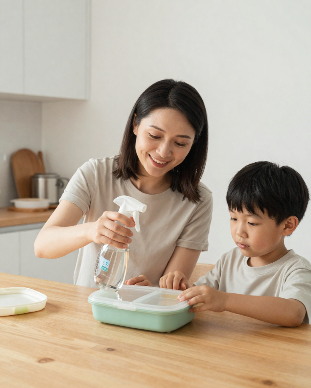 Eco schoonmaaktabletten met hervulbare sprayfles voor een minimalistische en milieuvriendelijke schoonmaakroutine.