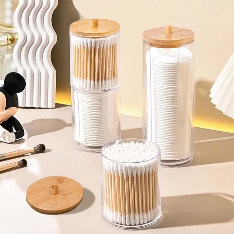 Stijlvolle badkamer opbergpot met bamboe deksel voor wattenstaafjes, sieraden en make-up accessoires.