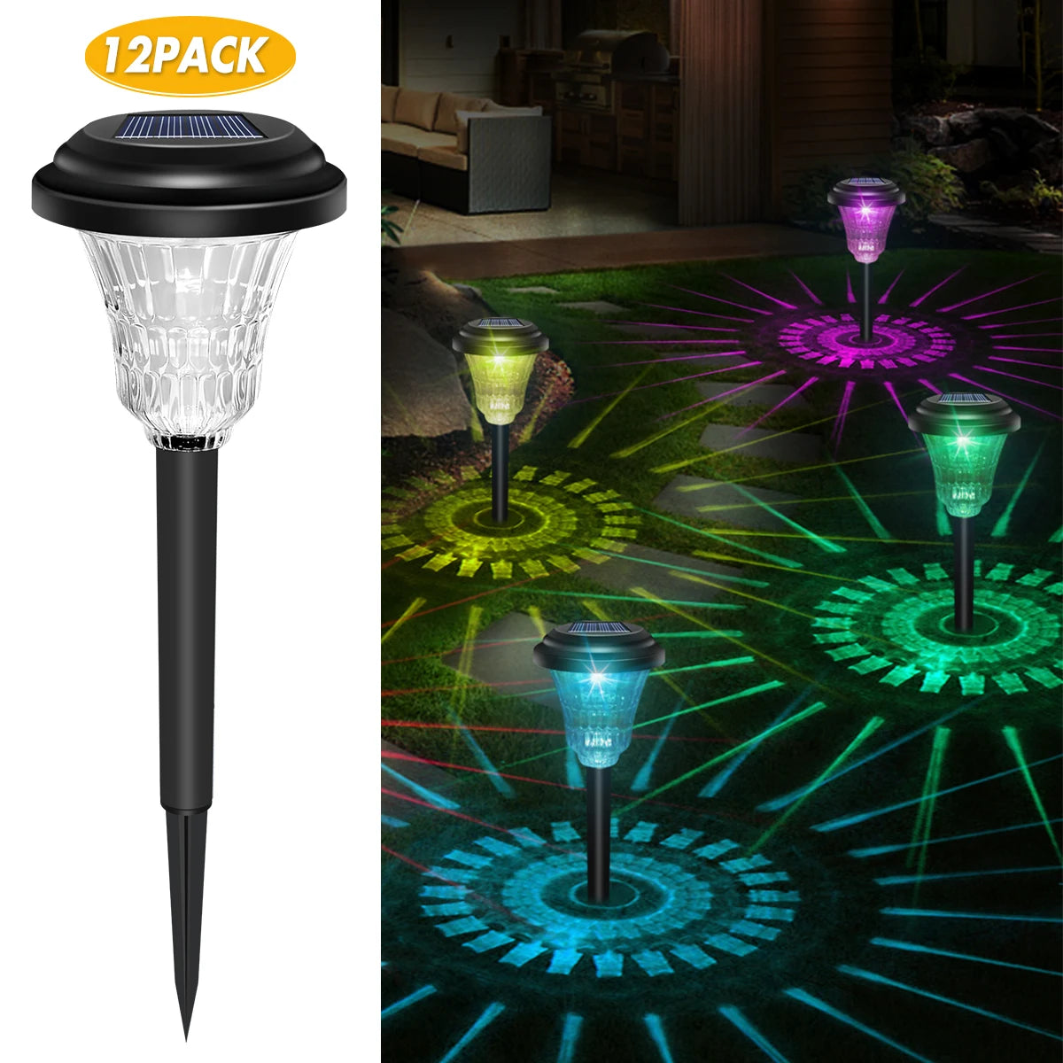 Duurzame solar padverlichting met kleurrijke RGB modus en warm wit licht voor buiten.