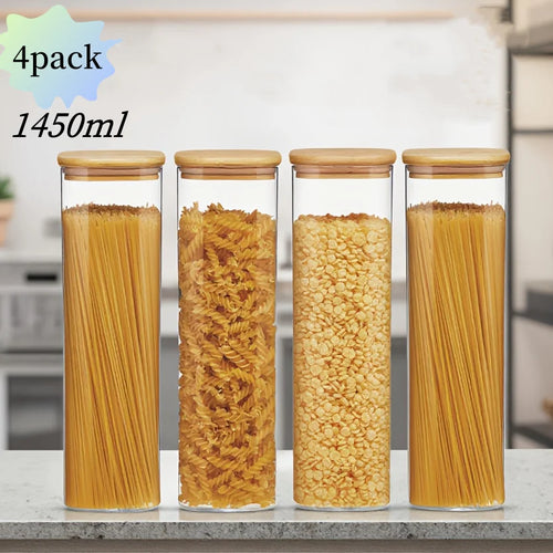 Glazen bewaarpotten met natuurlijke bamboe deksels voor het vers houden van koffie, thee en pasta.