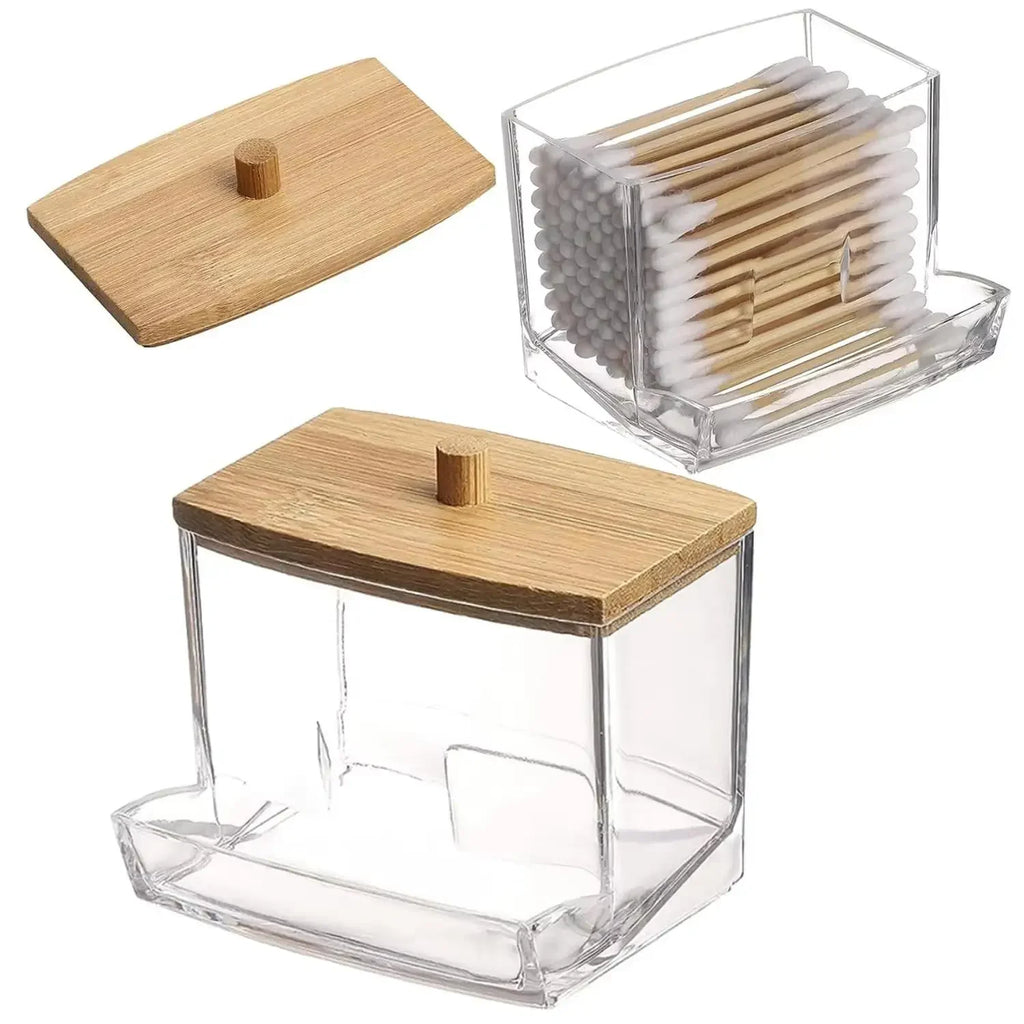 Compacte acryl bewaarpot met bamboe deksel voor een georganiseerde en rustige badkamer.
