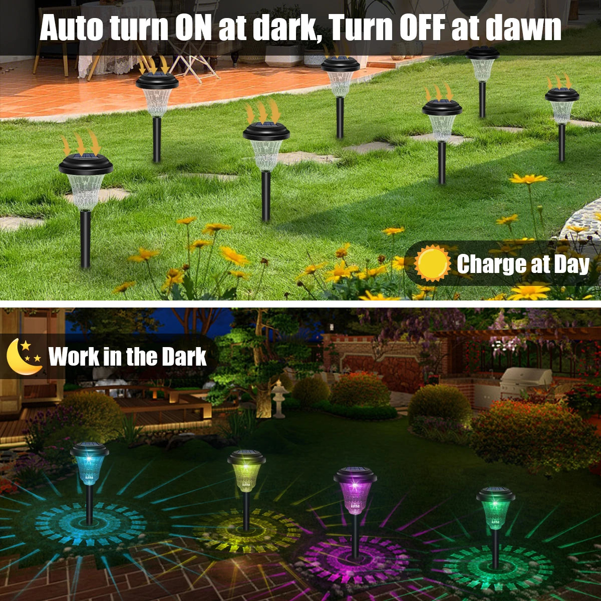 Tuinpad verlichting op zonne-energie met warm wit en RGB licht voor een moderne buitenruimte