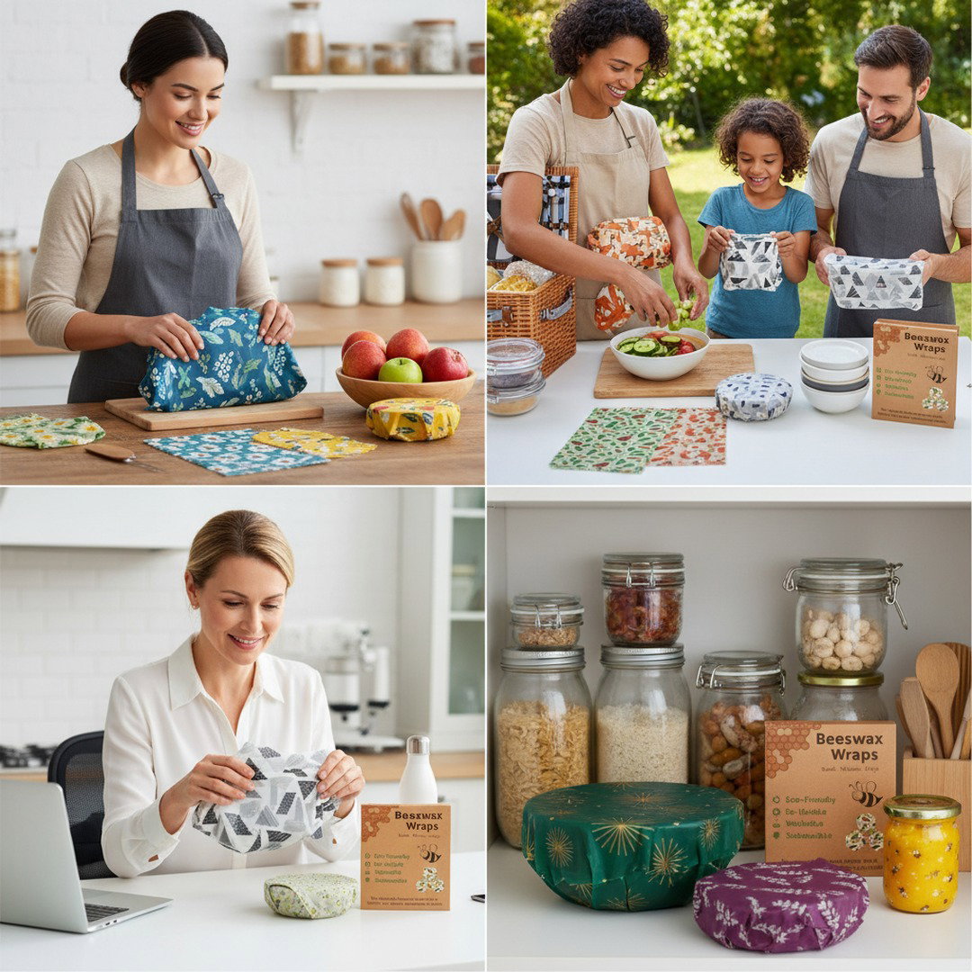 Herbruikbare voedselwraps met bijenwas en jojoba-olie voor een plasticvrije keuken.