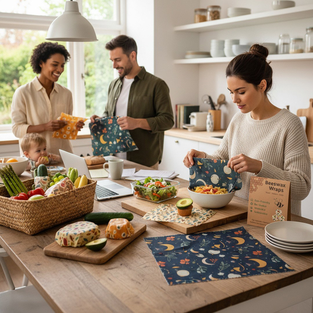 Set van 3 herbruikbare bijenwas wraps voor het natuurlijk vers houden van brood, fruit en groenten.