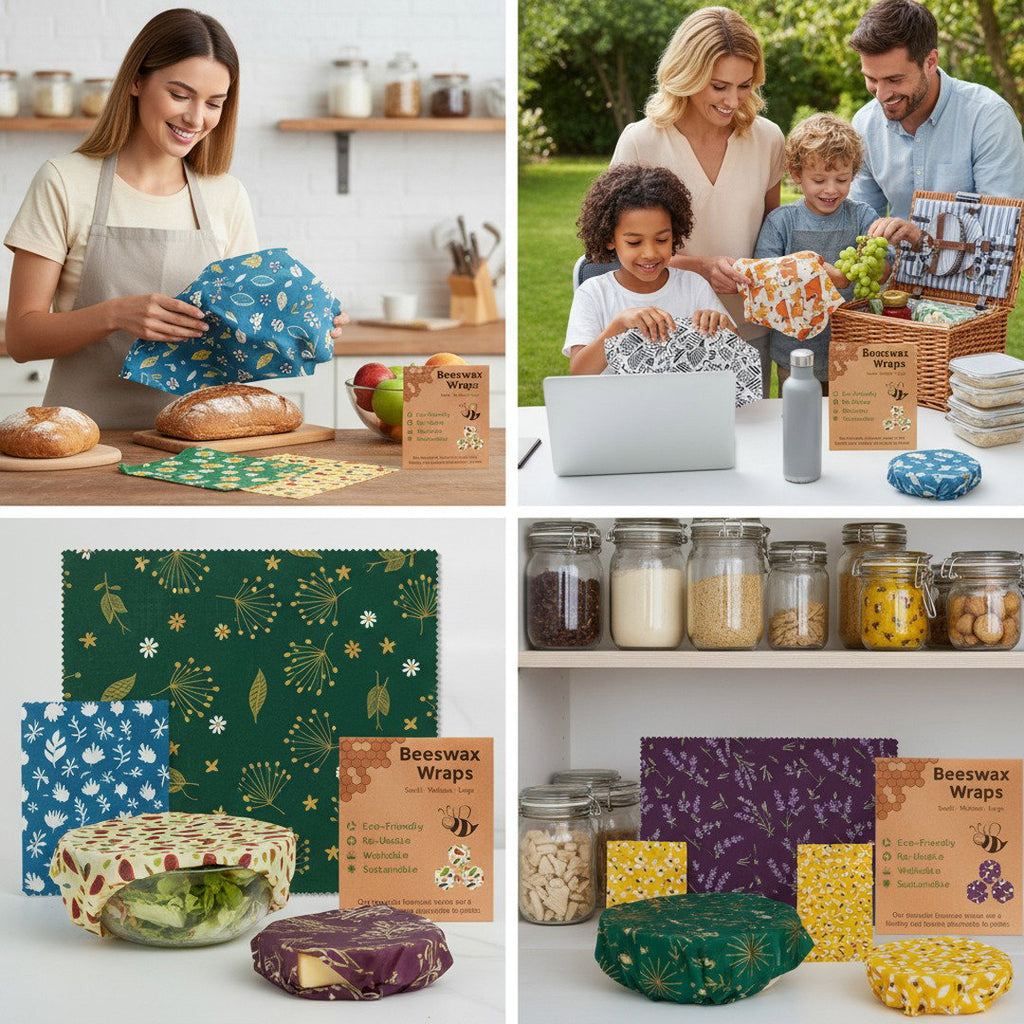 Duurzame bijenwas wraps van biologisch katoen als alternatief voor plastic huishoudfolie.