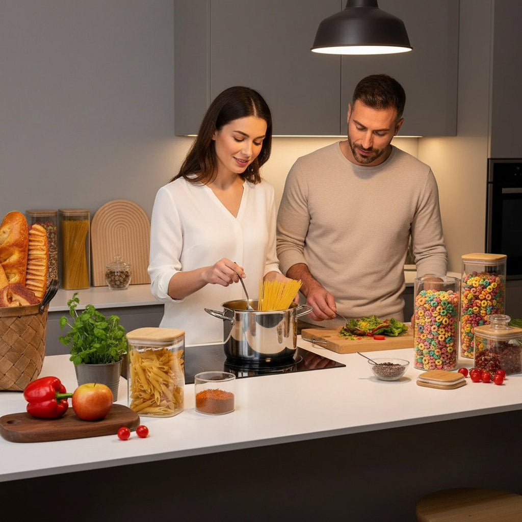 Set van 4 glazen voorraadpotten met luchtdichte bamboe deksels voor het stijlvol bewaren van koffie, pasta, kruiden en snacks.