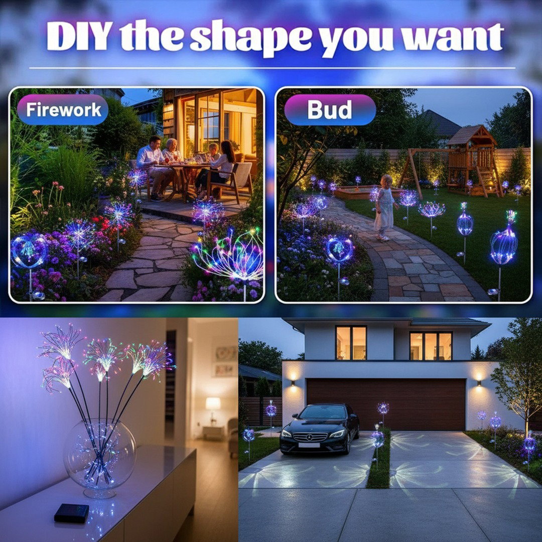 Solar tuinverlichting in vuurwerkstijl met sfeervol LED licht voor tuin, terras en borders.